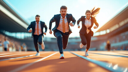 Three businesspeople in suits run on a track towards the finish line.