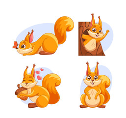 Adorable Cartoon Squirrel Character In Various Poses, Embracing A Nut, Peering From A Tree, Smitten With Love