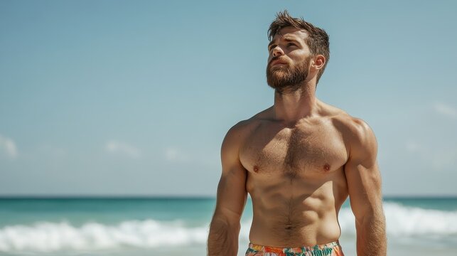 A muscular man stands on the beach, gazing into the sunny distance while showcasing a toned physique and a contemplative expression, filled with longing.