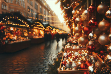 Holiday market scene featuring Christmas ornaments baubles, small decorative trees, and reindeer. Blurred background reveals festive stalls with string lights, capturing joyful holiday vibe,