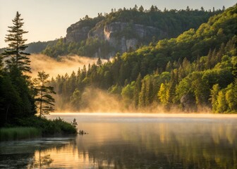 Fototapeta premium Tranquil Waters Bathed in Golden Light Surrounded by Lush Green Forests at Sunset or Sunrise