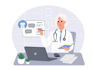 Doctor uses AI technology. Searching for medical data and assistance in diagnosis. Vector illustration in flat style