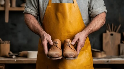 A skilled craftsman stands in a workshop holding a pair of beautifully handcrafted shoes, symbolizing tradition, skill, and dedication to artisanal excellence.