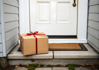 A gift box with a red ribbon on a doorstep, symbolizing delivery and surprise.