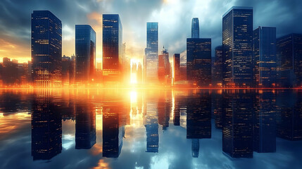 Cityscape Reflection at Sunset - Illustration