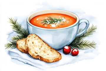Cozy winter tomato soup with toast festive decorations