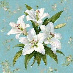 Naklejka premium A bouquet of white lilies against a soft blue background.