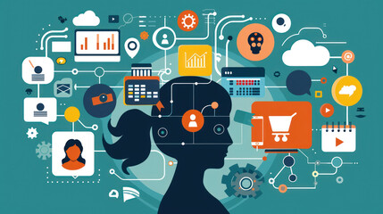 A small business owner crafting marketing strategies using AI tools, data-driven insights, and personalized campaigns across social media, reflecting the future of marketing in 2025