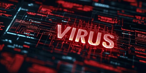 Obraz premium Visual representation of a virus with glowing text on a digital background. Perfect for illustrating cybersecurity or health-related content.