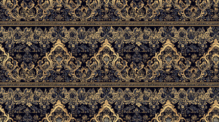 Seamless pattern featuring intricate Mughal artwork with a traditional antique gold border ideal for textiles and decorative designs