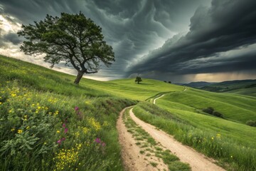 Obraz premium Vibrant Green Landscape with Winding Dirt Path Leading to Solitary Tree Under Bright Blue Sky
