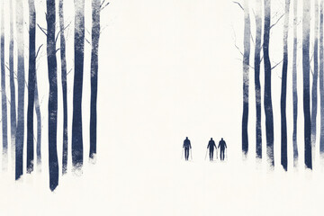 A painting of three people skiing in the woods