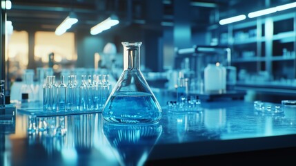Close-up of a Single Erlenmeyer Flask Filled with Blue Liquid in a Modern Laboratory Setting with Blurred Background of Other Laboratory Equipment and Supplies