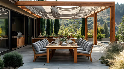 Fototapeta premium Outdoor Dining Patio with Wooden Pergola and Grey Fabric - Photo