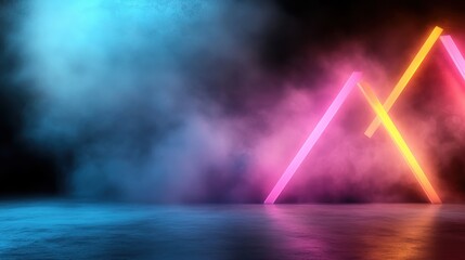 Colorful neon lights form geometric patterns in a dark room filled with vibrant smoke, creating an abstract and futuristic setting full of intrigue and mystery.