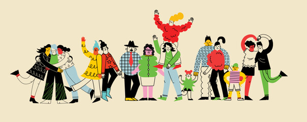 Fototapeta premium Big family and best friends and concept illustration. Vector illustration of multicultural people and multicultural friendship. Parents, grandparents and kids embrace with love, support.