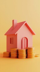 House and Coins on Orange Background.
