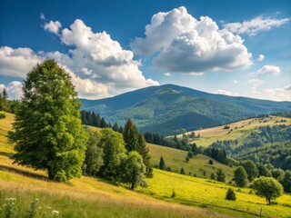 Naklejka premium Vibrant Summer Scene in a Mountainous Rural Landscape with Lush Greenery and Clear Blue Skies