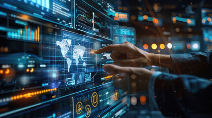 Fototapeta premium A forward-thinking small business strategy session using AI-driven data analysis, virtual reality simulations, and blockchain solutions to prepare for the challenges of 2025