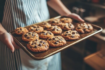 Freshly baked chocolate chip cookies on tray held baker