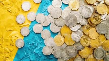 Cryptocurrency Coins on Blue and Yellow Background
