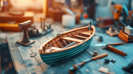 A close-up of a wooden model boat sitting on a workbench surrounded by tools.