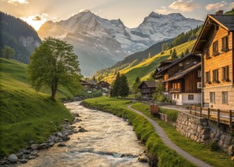 Vibrant Swiss Landscape with Meandering River and Soft Glimmers Capturing Nature's Tranquility