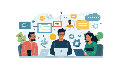 A small business team working together in a hybrid work environment, using AR tools for remote collaboration, ensuring seamless communication and teamwork in the digital age