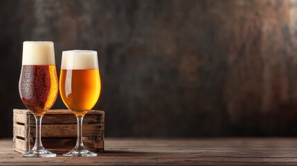 Two elegantly shaped beer glasses contrast with the artistic backdrop of warm tones and soft lighting, creating a sophisticated and inviting atmosphere.