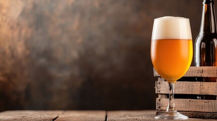 A glass of frothy beer sits elegantly on a wooden surface with a rustic backdrop, highlighting the rich color and inviting texture of the beverage.