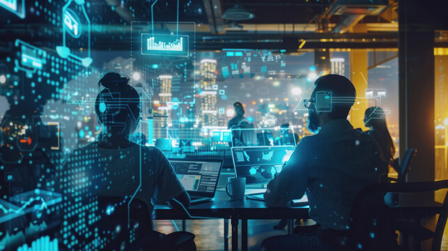 A diverse small business team working remotely via holographic meetings, using advanced collaboration tools and AI-driven solutions to enhance productivity and teamwork in 2025