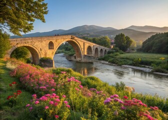 Fototapeta premium Vibrant Wildflowers and Lush Greenery Surround an Elegant Old Mansion in a Picturesque Landscape
