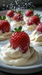 Strawberries served with cream and strawberry sauce. AI generated