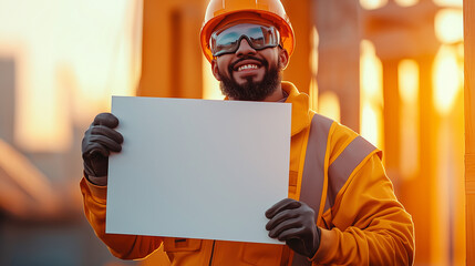 Smiling construction worker in safety gear holding a blank sign.