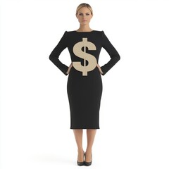 Fototapeta premium A woman in a black dress featuring a large dollar sign symbol.