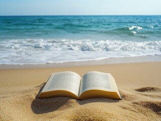 Open Paperback Book On Sandy Beach With Blurred Ocean Background, Summer Vacation Reading Concept