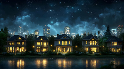 Fototapeta premium Night Cityscape with Houses by the Water - 3D Illustration