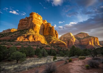 Fototapeta premium Warm Lit Sandstone Formations Rise Majestically Against a Vibrant Deep Blue Sky at Dusk