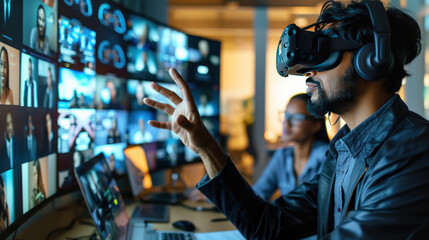 Employees attending a virtual corporate event with live video presentations, interactive breakout sessions, and digital networking opportunities, creating a fully immersive virtual experience