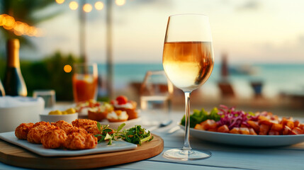 Delight your senses with a vibrant feast of culinary delights and refreshing drinks at sunset