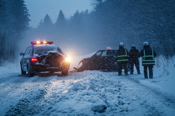 A car accident scene in a snowstorm, rescue workers and police struggling to attend to the incident in harsh weather conditions.