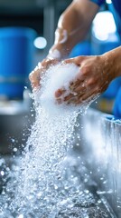 Fototapeta premium Worker cleaning an abattoir with a high-pressure jet wash for hygiene maintenance