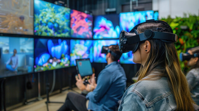 Employees attending a virtual corporate event with live video presentations, interactive breakout sessions, and digital networking opportunities, creating a fully immersive virtual experience
