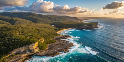 Fototapeta premium Breathtaking Aerial View of Rugged Wild Coastline in Royal National Park, Australia, Nature's Beauty