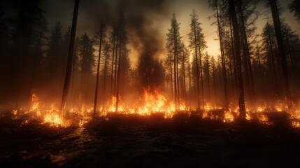 A twilight-enveloped forest is engulfed in an intense blaze, producing dramatic smoke plumes and vibrant flames, visually capturing nature's relentless force.