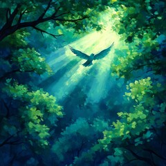 Fototapeta premium A serene forest scene with a bird soaring through sunlit foliage.