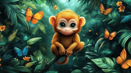 A monkey sits on a branch in a jungle.