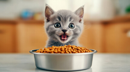 Curious kitten excitedly enjoys a bowl full of crunchy cat food for a happy snack time