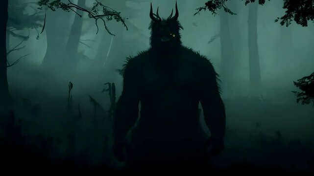 A mysterious creature with glowing eyes stands in the middle of a dense, dark forest.