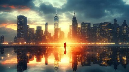 Fototapeta premium Cityscape Illustration with Silhouette of Person